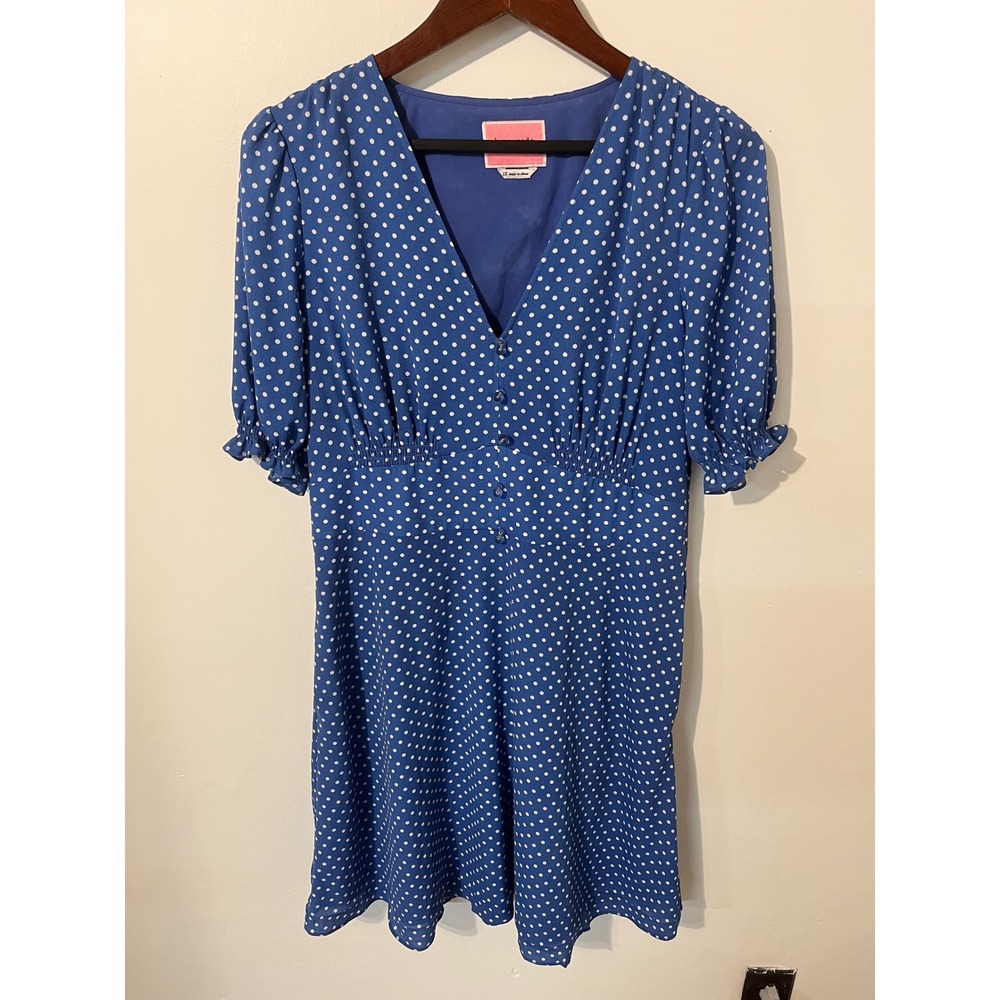 Kate Spade Blue Polka Dot V-Neck Mini Dress Puff Sleeve Smocked Back Size 12